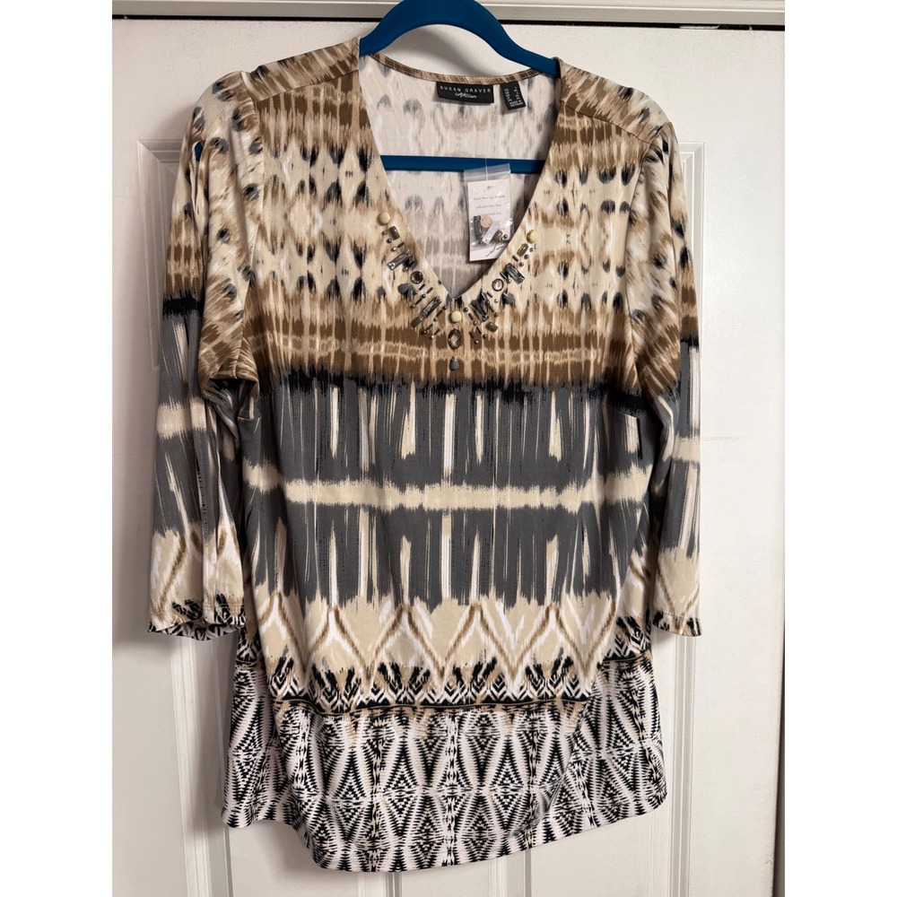 Susan Graver Artisan Tunic Top Large Brown Gray Ikat Tribal V-Neck Embellished